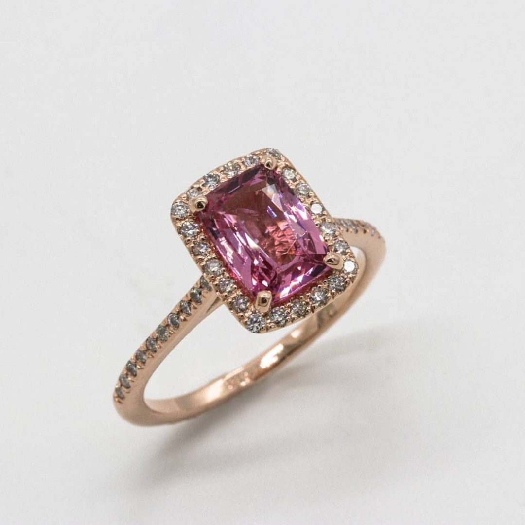 pink sapphire on halo pave ring